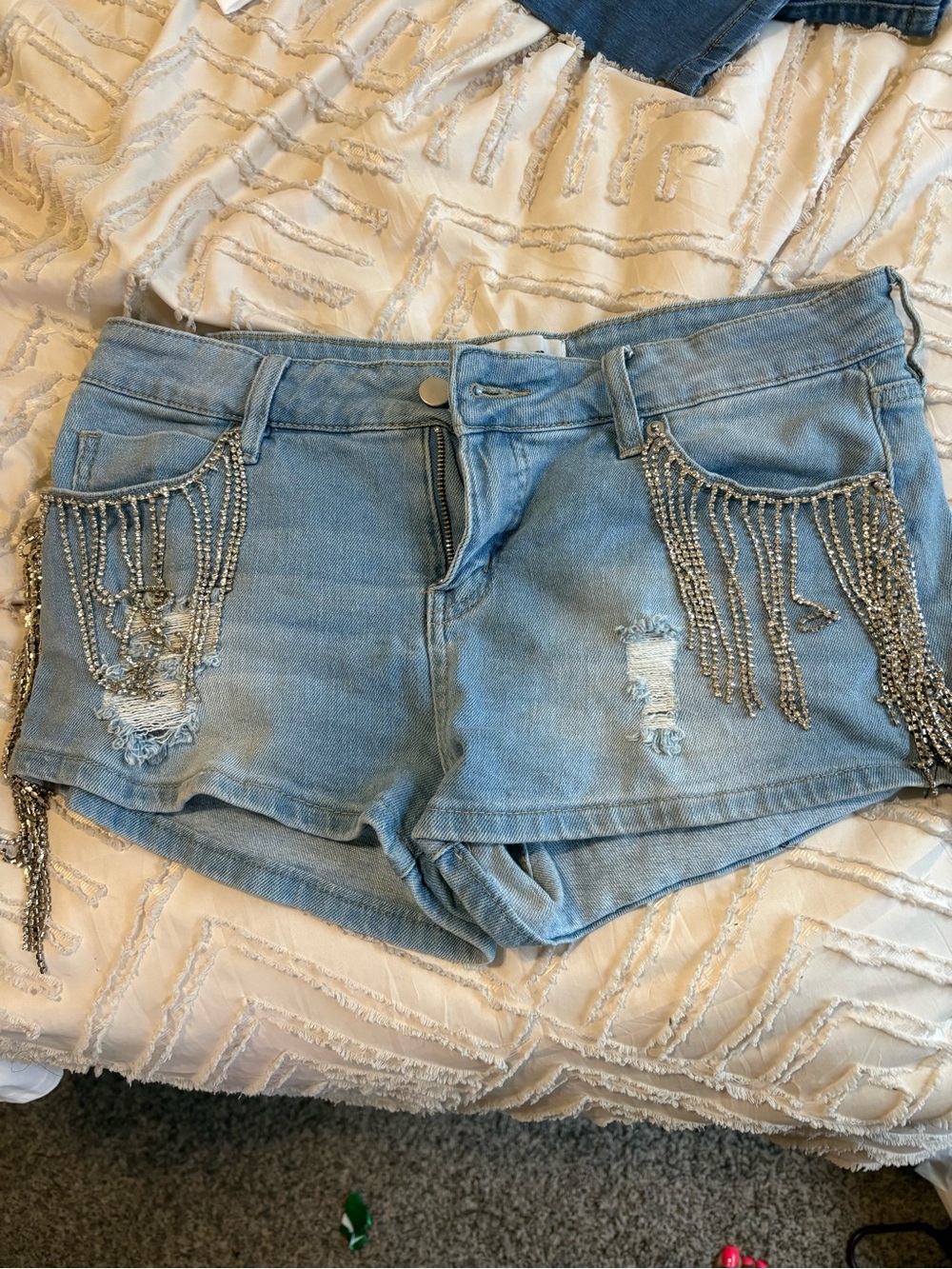Fashion Nova Light Blue Denim Shorts with Silver Chain Fringe